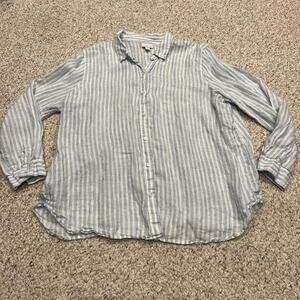 J Jill Love Linen Button Down Shirt Sz XL Blue White Stripe Coastal Casual